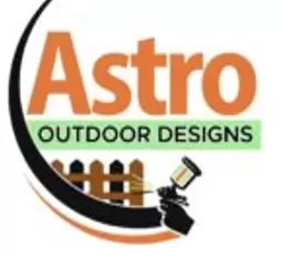 Astro Outdoor Designs logo featuring an orange and green text with a crescent shape, a fence, and a hand holding an outdoor light